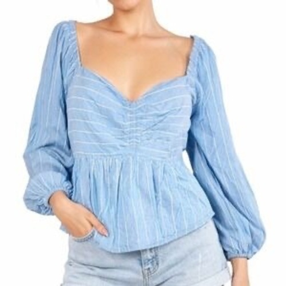 Free People Blue‎ Pinstripe Ruched Bust Smocked Back Peplum Blouse Top